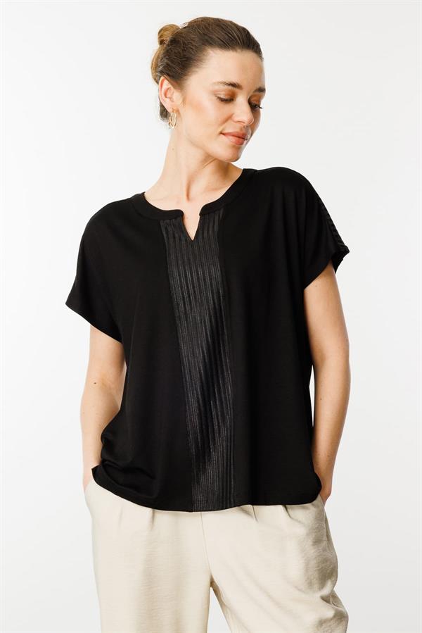 Kadın Açma Yaka Önü Bantlı Penye Bluz Siyah