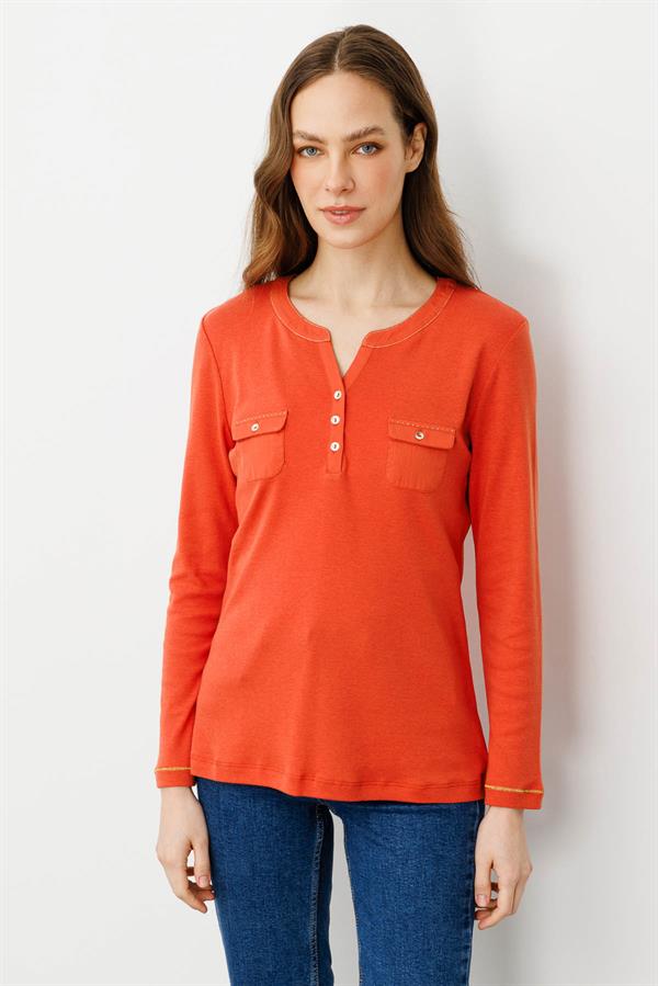 Kadın Açma Yaka Önü Cepli Penye Bluz Kiremit