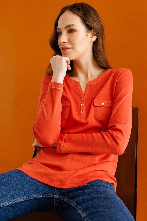 Kadın Açma Yaka Önü Cepli Penye Bluz Kiremit