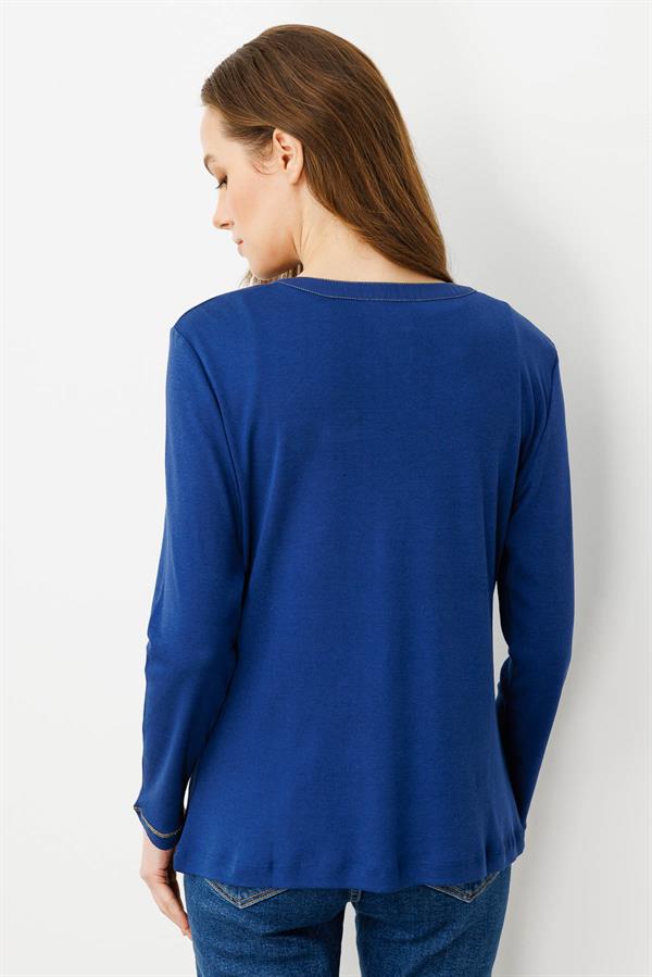 Kadın Açma Yaka Önü Cepli Penye Bluz Lacivert