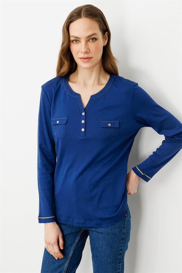 Kadın Açma Yaka Önü Cepli Penye Bluz Lacivert
