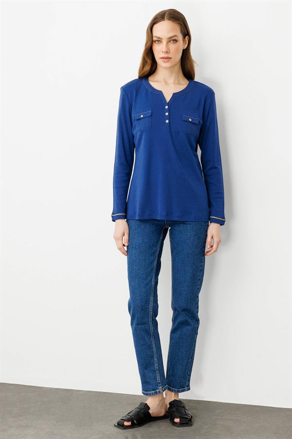 Kadın Açma Yaka Önü Cepli Penye Bluz Lacivert