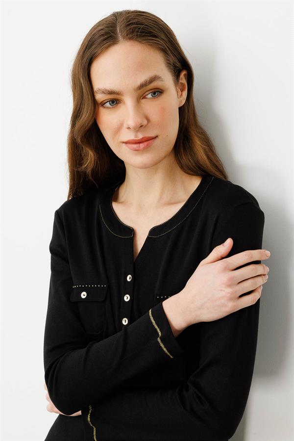 Kadın Açma Yaka Önü Cepli Penye Bluz Siyah