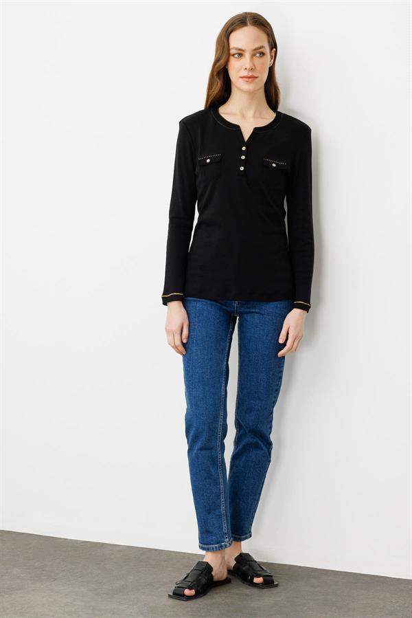 Kadın Açma Yaka Önü Cepli Penye Bluz Siyah
