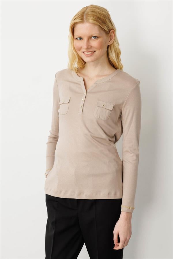 Kadın Açma Yaka Önü Cepli Penye Bluz Vizon