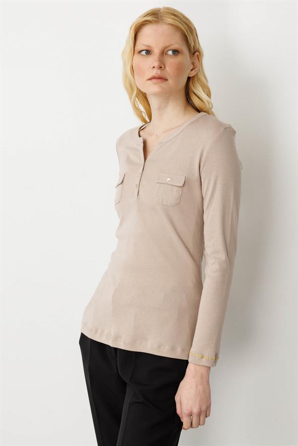 Kadın Açma Yaka Önü Cepli Penye Bluz Vizon