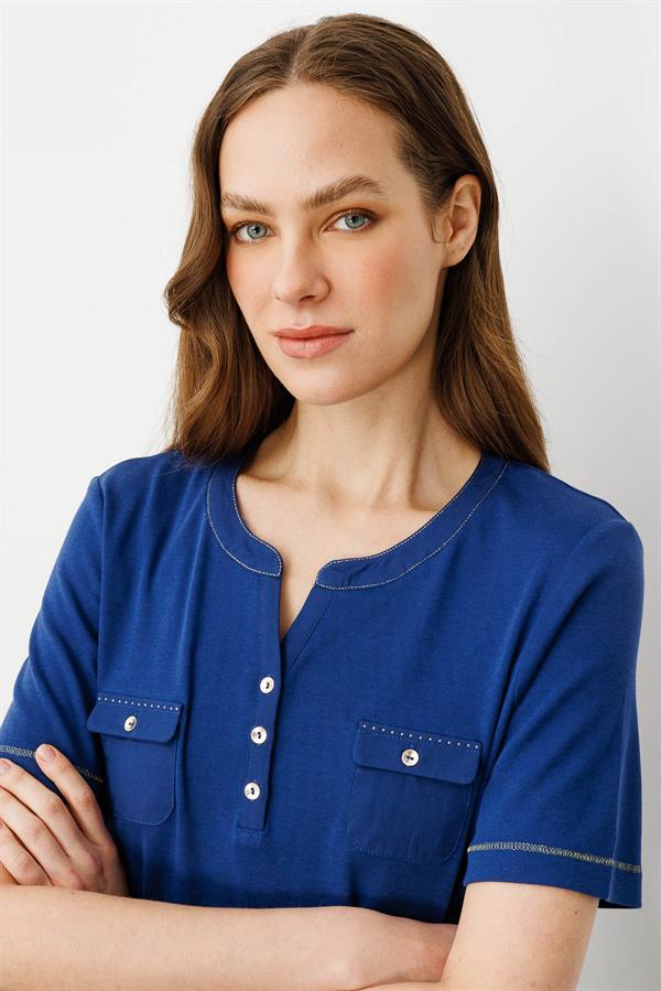 Kadın Açma Yaka Önü Cepli Penye T-shirt Lacivert