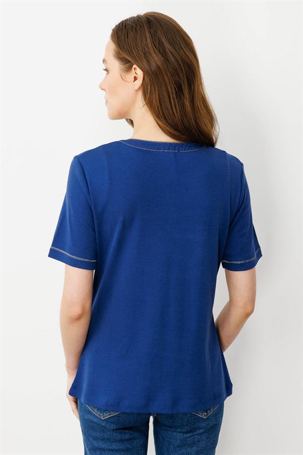 Kadın Açma Yaka Önü Cepli Penye T-shirt Lacivert