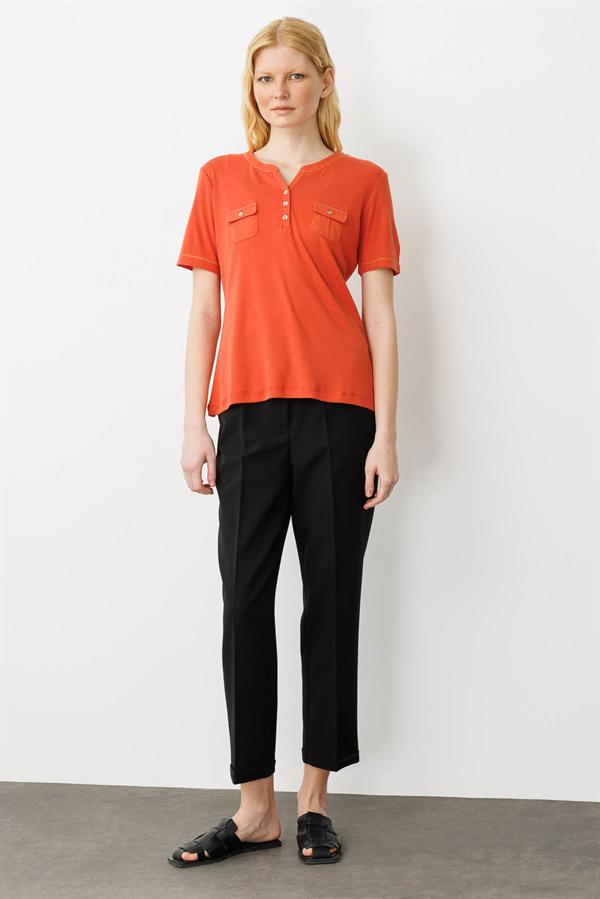 Kadın Açma Yaka Önü Cepli Penye T-shirt Kiremit