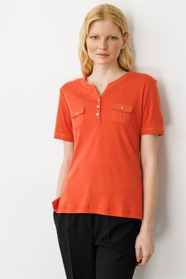 Kadın Açma Yaka Önü Cepli Penye T-shirt Kiremit