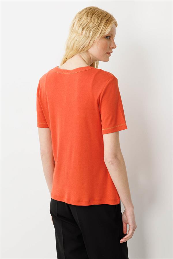 Kadın Açma Yaka Önü Cepli Penye T-shirt Kiremit