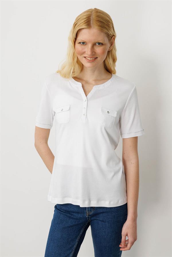 Kadın Açma Yaka Önü Cepli Penye T-shirt Beyaz