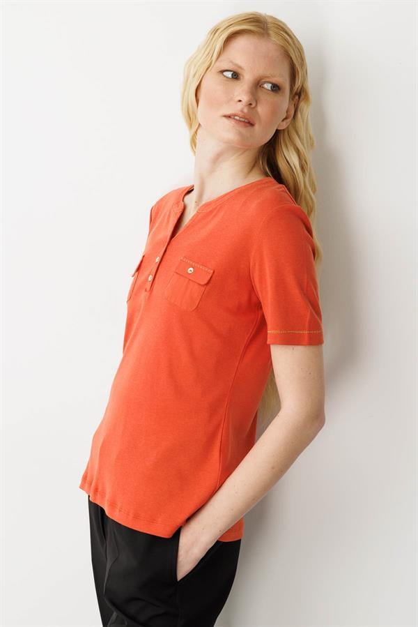 Kadın Açma Yaka Önü Cepli Penye T-shirt Kiremit