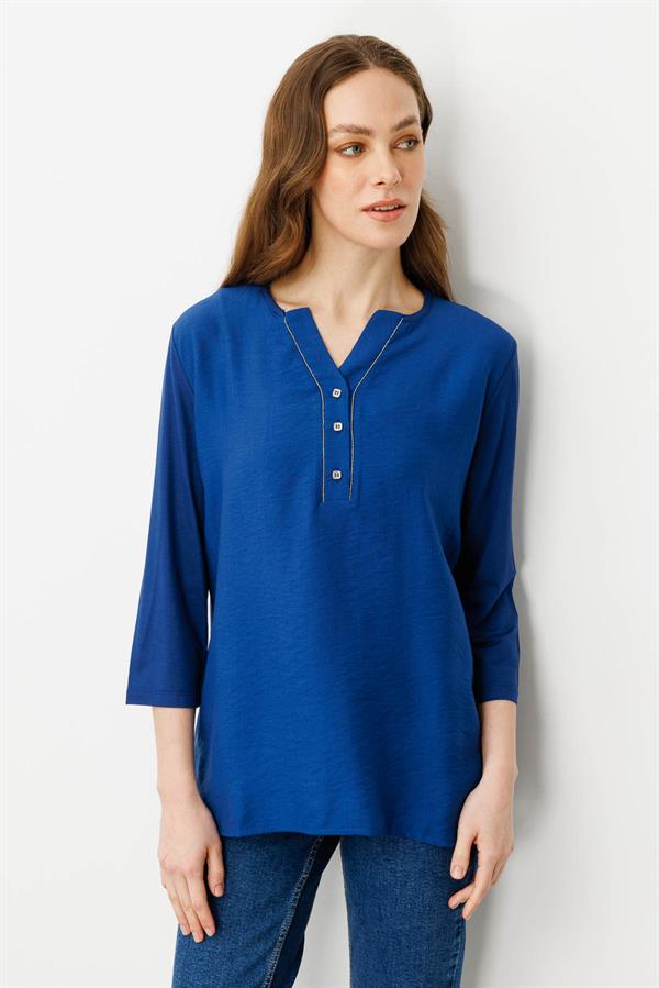 Kadın Açma Yaka Önü Düğmeli Bluz İndigo