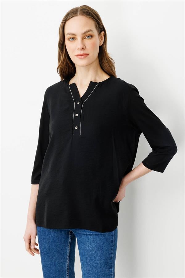 Kadın Açma Yaka Önü Düğmeli Bluz Siyah