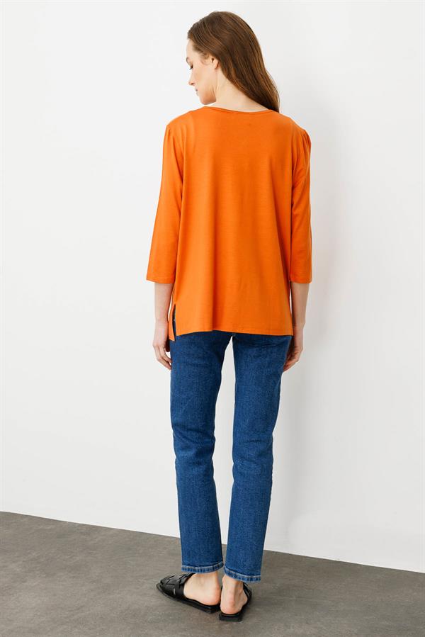 Kadın Açma Yaka Önü Düğmeli Bluz Turuncu