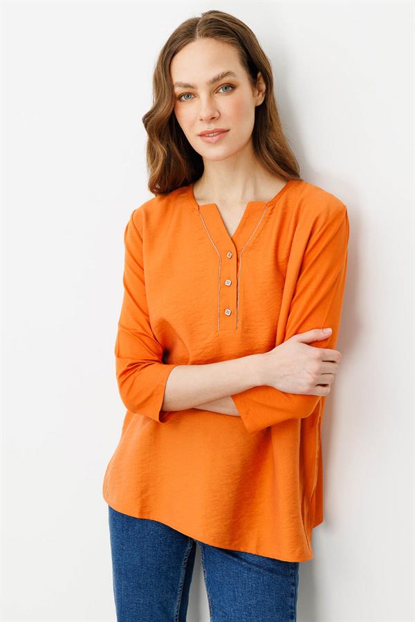 Kadın Açma Yaka Önü Düğmeli Bluz Turuncu