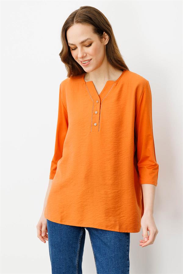 Kadın Açma Yaka Önü Düğmeli Bluz Turuncu