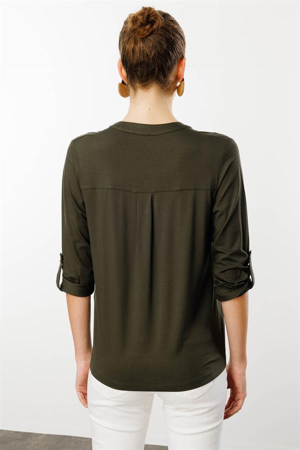 Kadın Açma Yaka Önü Düğmeli Gömlek Haki