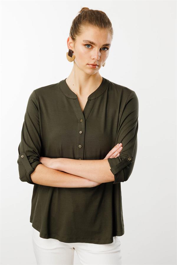 Kadın Açma Yaka Önü Düğmeli Gömlek Haki