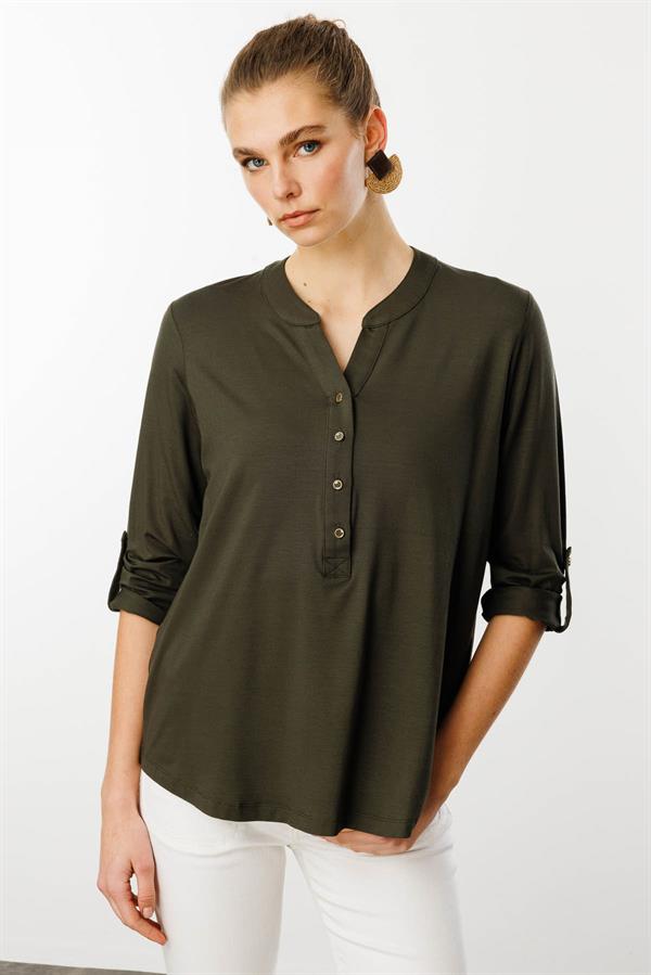 Kadın Açma Yaka Önü Düğmeli Gömlek Haki