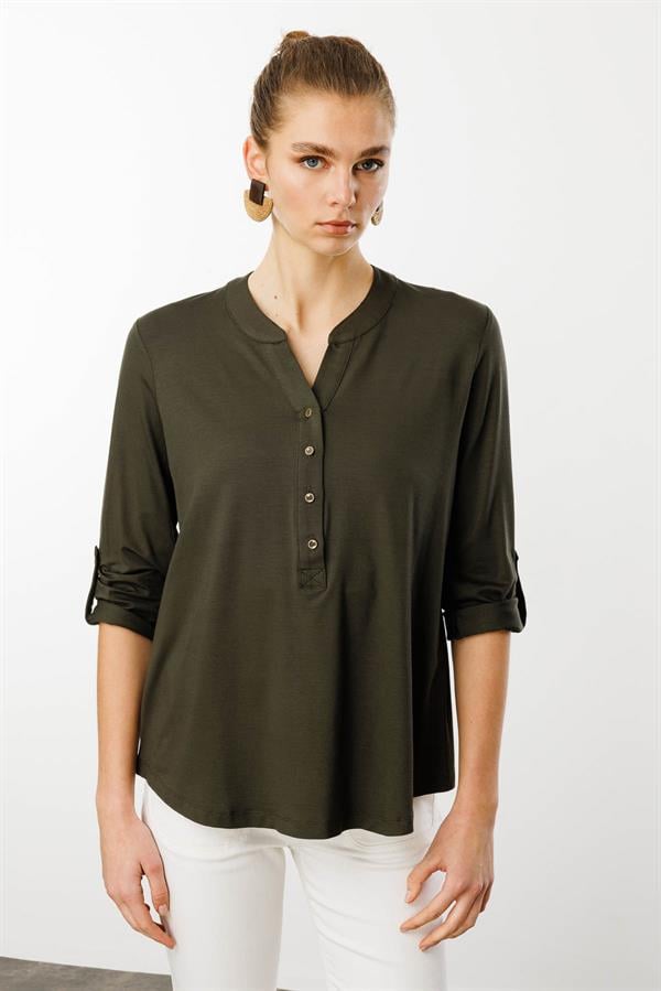 Kadın Açma Yaka Önü Düğmeli Gömlek Haki