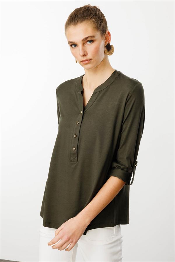 Kadın Açma Yaka Önü Düğmeli Gömlek Haki