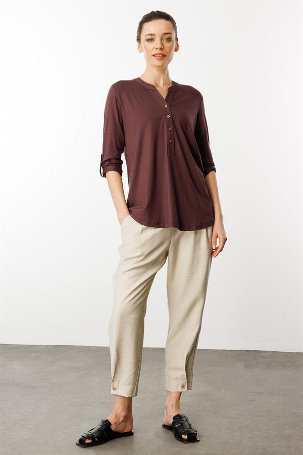 Kadın Açma Yaka Önü Düğmeli Gömlek Kahve