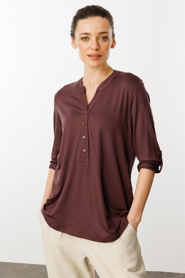 Kadın Açma Yaka Önü Düğmeli Gömlek Kahve