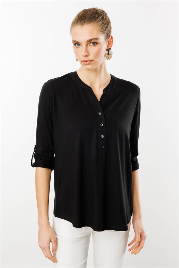Kadın Açma Yaka Önü Düğmeli Gömlek Siyah