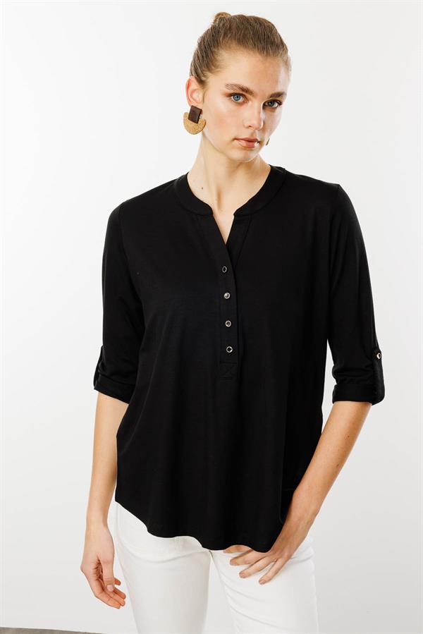 Kadın Açma Yaka Önü Düğmeli Gömlek Siyah