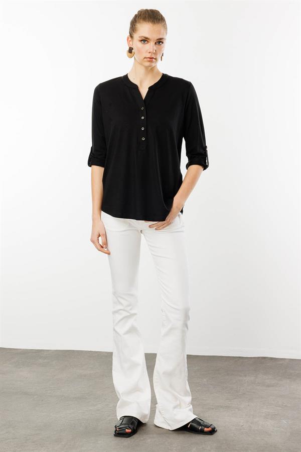 Kadın Açma Yaka Önü Düğmeli Gömlek Siyah
