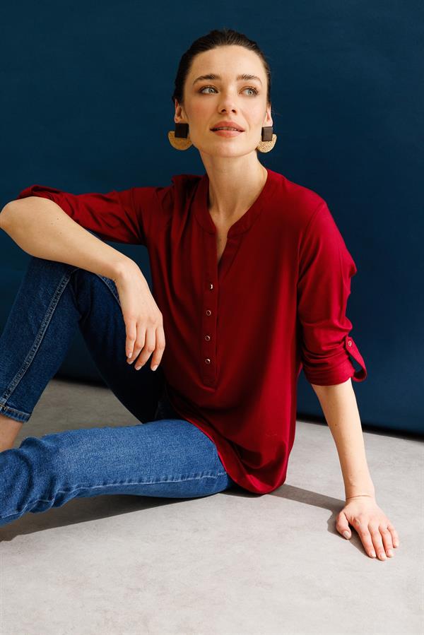 Kadın Açma Yaka Önü Düğmeli Gömlek Vişne