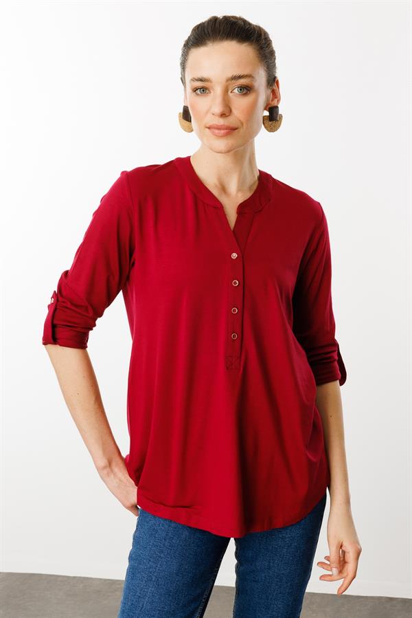 Kadın Açma Yaka Önü Düğmeli Gömlek Vişne