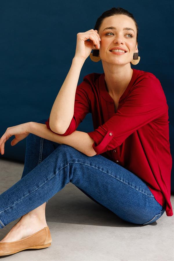 Kadın Açma Yaka Önü Düğmeli Gömlek Vişne