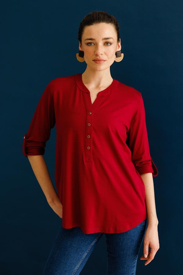 Kadın Açma Yaka Önü Düğmeli Gömlek Vişne