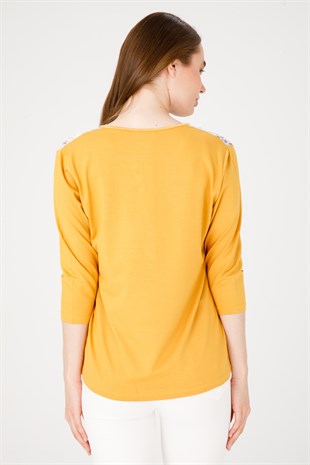 Женская блузка из хлопка с круглым вырезом и рукавом три Медовый