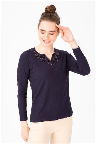 Женская хлопковая футболка с открытым воротником и рукавом три четверти, вышитая бисером, черного цвета