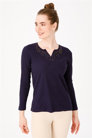 Женская хлопковая футболка с открытым воротником и рукавом три четверти, вышитая бисером, черного цвета