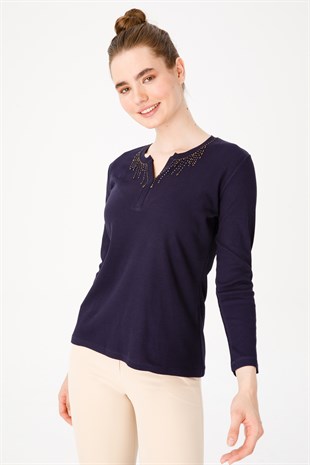 Женская хлопковая футболка с открытым воротником и рукавом три четверти, вышитая бисером, черного цвета