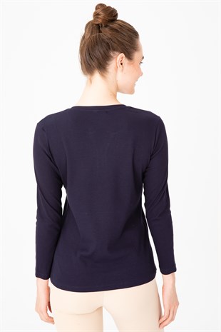 Женская хлопковая футболка с круглым вырезом и длинными рукавами, расшитая бисером, темно-синяя