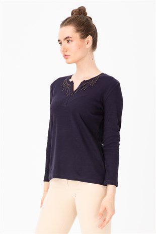 Женская хлопковая футболка с круглым вырезом и длинными рукавами, расшитая бисером, темно-синяя