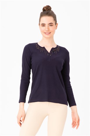 Женская хлопковая футболка с круглым вырезом и длинными рукавами, расшитая бисером, темно-синяя