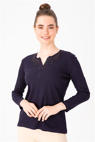 Женская хлопковая футболка с круглым вырезом и длинными рукавами, расшитая бисером, темно-синяя