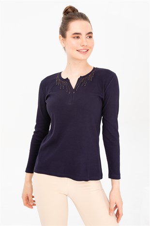 Женская хлопковая футболка с круглым вырезом и длинными рукавами, расшитая бисером, темно-синяя