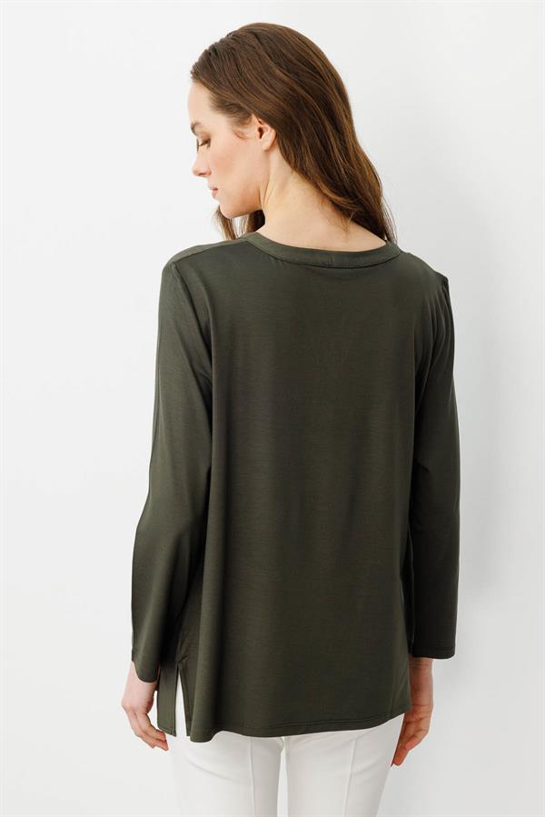 Kadın Açma Yaka Yakası Payet İşlemeli Bluz Haki