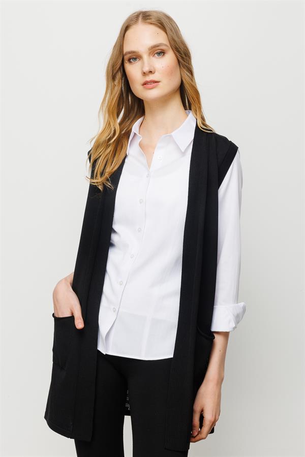 Женский трикотажный жилет средней длины с рисунком на спине черный