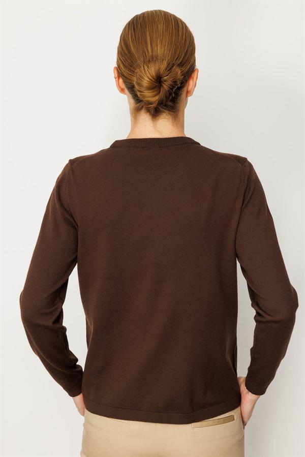 Kadın Basic Sıfır Yaka Kazak Kahve