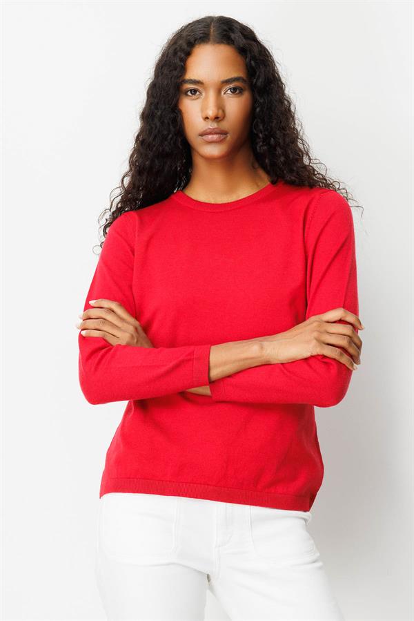 Kadın Basic Sıfır Yaka Kazak Kırmızı