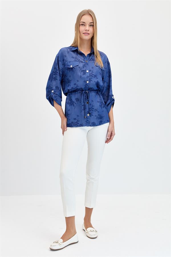 Женская рубашка с узором в виде листьев и шнуровкой на талии, темно-синяя